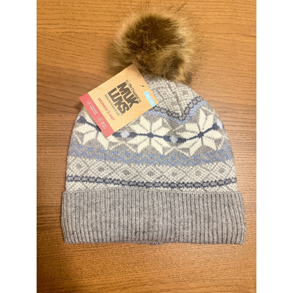 Muk Luks Womens Fair Isle Knit Beanie Hat Grey Blue Faux Fur Pom Pom NWT